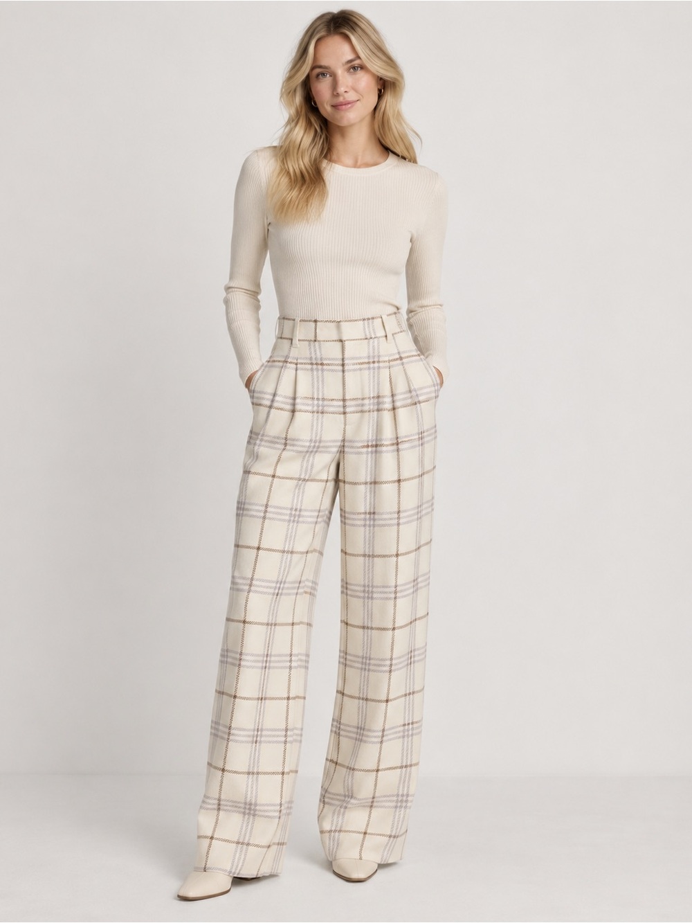 Aritzia Wilfred Effortless Pant Wool Blend Cream Plaid Trousers Size 8